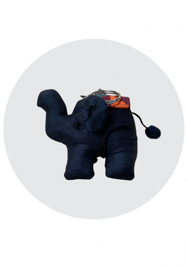 Souvenir-Keychain-NavyElephant พวงกุญแจช้างผ้าไหมแท้ประดับลวดลายไทยทรงดำ